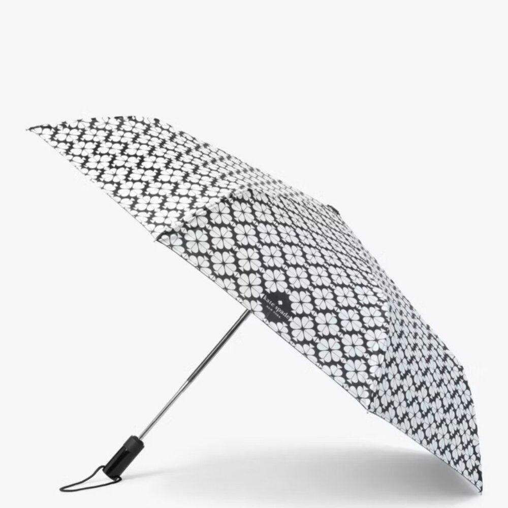 Kate Spade New York Black & White Spade Flower Travel Umbrella, NWT